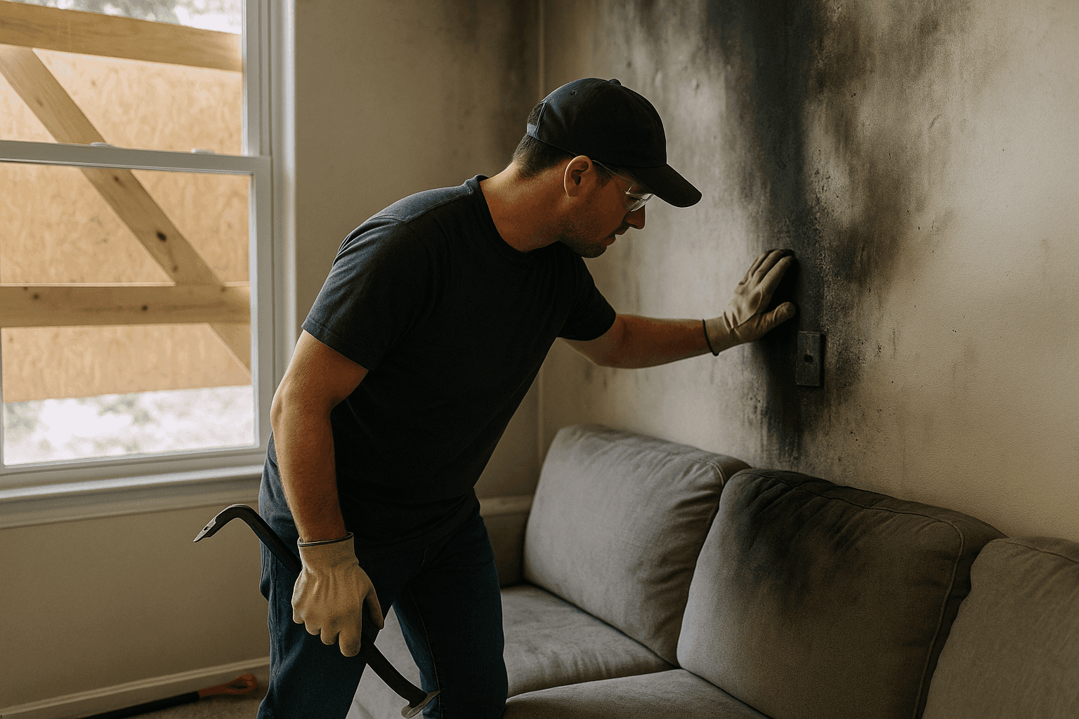 Homeowner assessing fire damage inside a smoke-stained living room