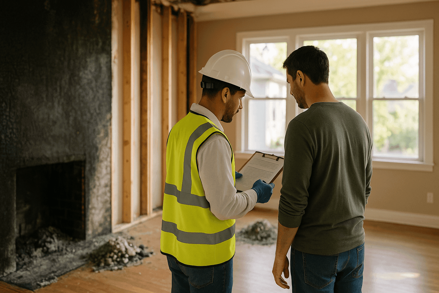 Restoration company representative meeting with homeowner in fire-damaged house