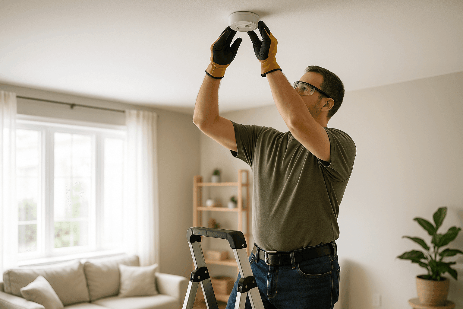 Homeowner checking smoke detector in living room for fire prevention