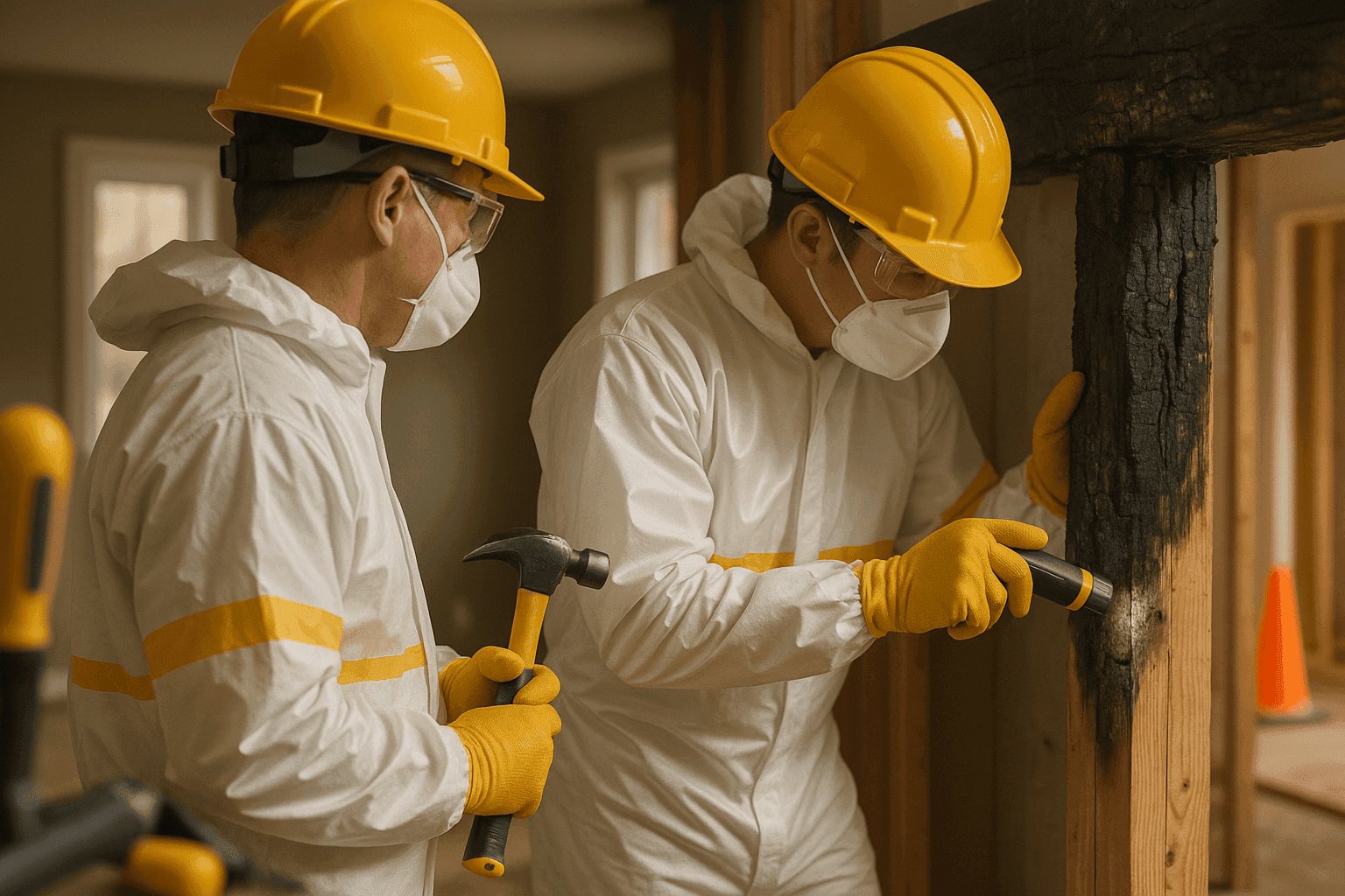 Two workers in protective gear inspecting and repairing charred wooden beam in residential fire damage restoration in Otsego