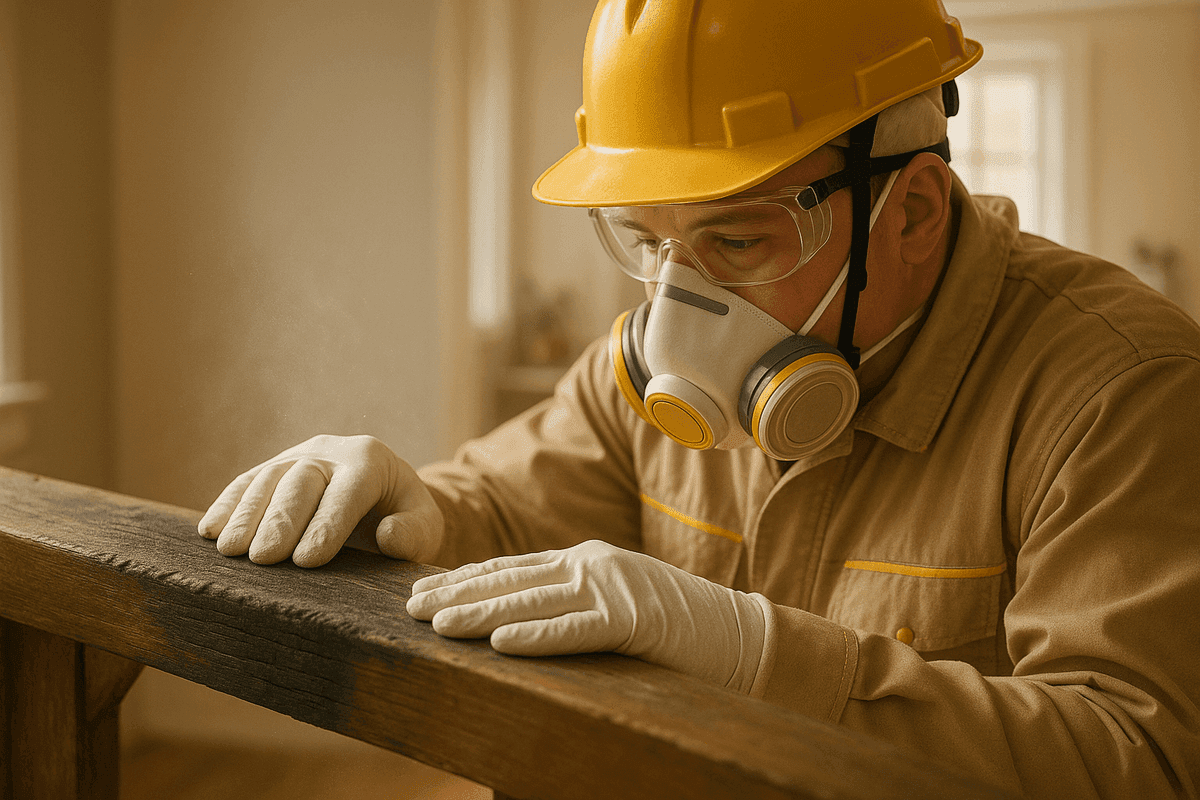 Close-up of gloved hands inspecting smoke-damaged wood in residential fire damage restoration in Otsego